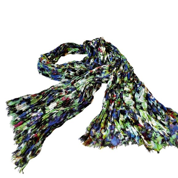 Ann Taylor Oblong Scarf Multi-Color Raw Fringe Rayon + Wool Watercolor 72" - Picture 5 of 15